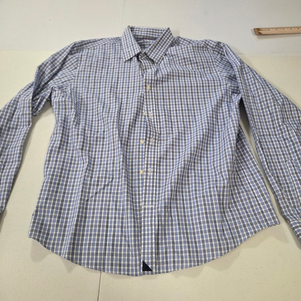 UNTUCKit Mens Large Blue White Plaid Wrinkle Free Cotton Button Down Shirt